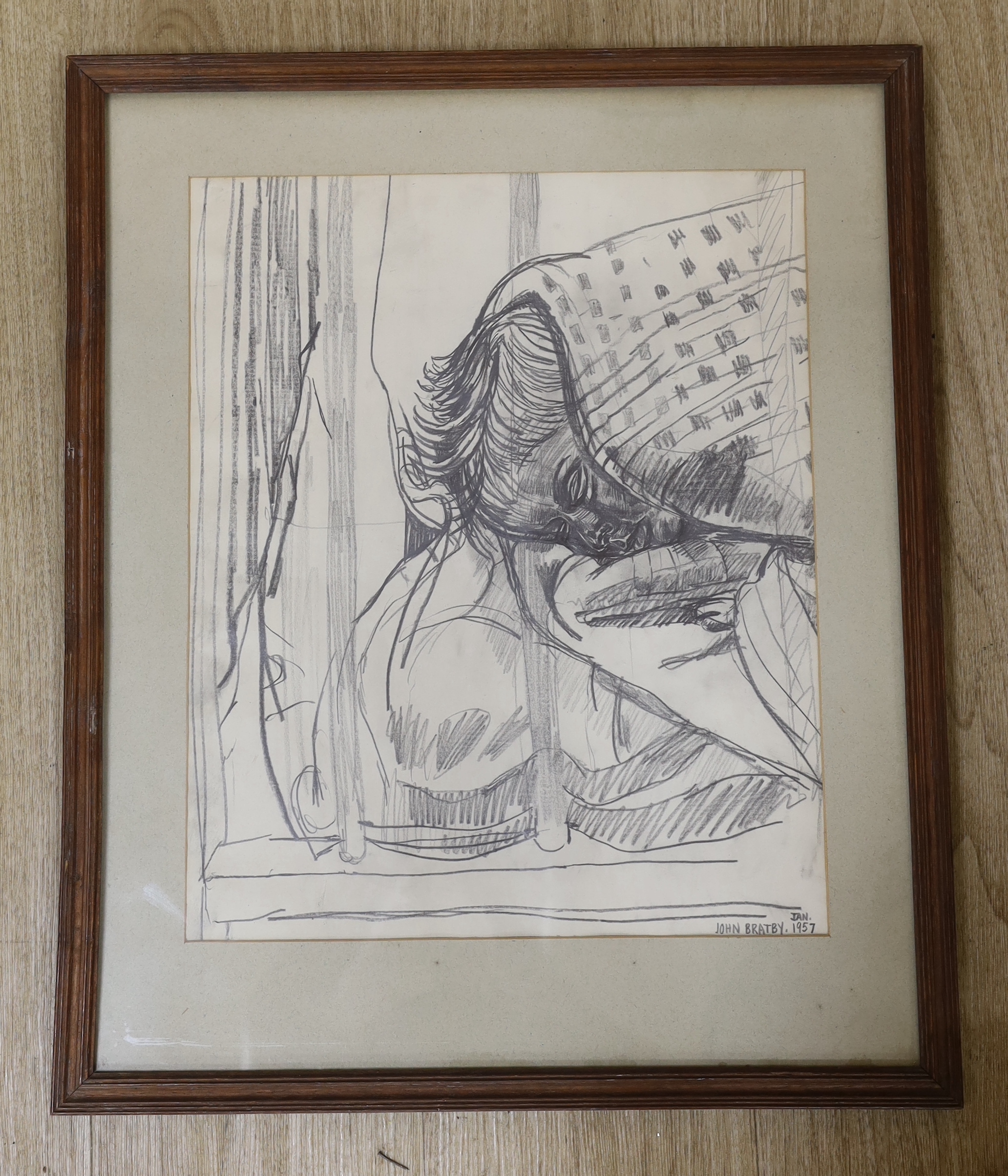 John Bratby (British 1928-1992), pencil drawing, 'David asleep', signed and dated 1957, Beaux Arts label verso, 43 x 35cm